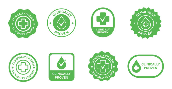 Set of green clinically proven badges and icons in various designs
