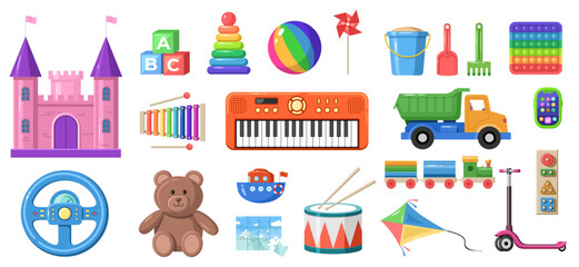Colorful collection of children's toys including keyboard, truck, and building blocks
