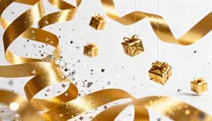 Festive background with swirling gold ribbons and hanging gift boxes. Sparkling confetti for a party or holiday celebration. Luxury new year or Christmas concept