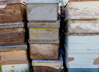 Old wooden beehives stacked, close-up.