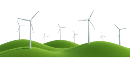 A row of wind turbines on rolling green hills under a transparent background