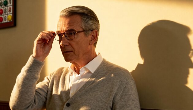 A thoughtful senior man adjusting his glasses in warm sunlight. Pensive elderly person contemplating with a shadow on the wall behind him. - Powered by Adobe