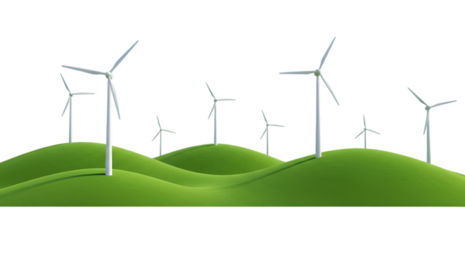 A row of wind turbines on rolling green hills under a transparent background