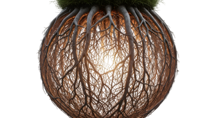 Ball shape formed by tree roots with green moss on top, isolated on transparent background