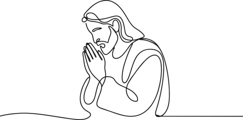 Jesus Christ praying, drawn with one continuous line. Christian symbol of Easter and Christmas in a simple line style. one line Icon drawing with white background