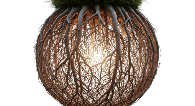 Ball shape formed by tree roots with green moss on top, isolated on transparent background