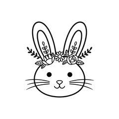 Cute hand drawn bunny face with floral wreath