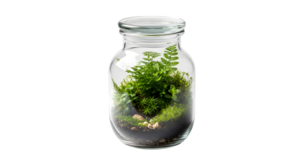 Small glass terrarium with green plant and moss isolated on transparent background