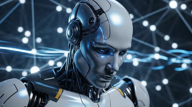 Cinematic Close-up of a Hyper-Realistic Humanoid Robot with Blue Glowing Eyes