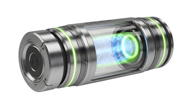 Futuristic energy cell or battery with glowing green core isolated on transparent background