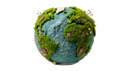 A globe covered in lush green moss and small plants, isolated on transparent background