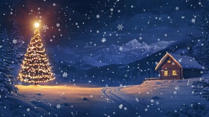 Christmas tree brightly decorated with warm lights standing near a cozy wooden cabin in a heavy snow covered xmas mountain landscape at night - Powered by Adobe