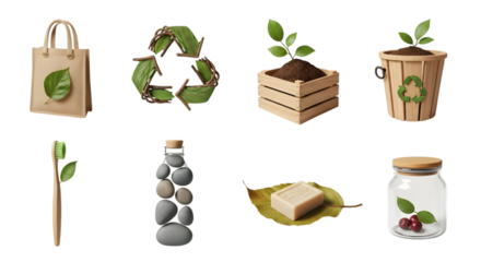 Ecofriendly products and symbols for sustainability, isolated on transparent background