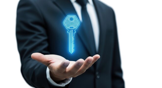 Businessman holding a glowing digital key isolated on white background