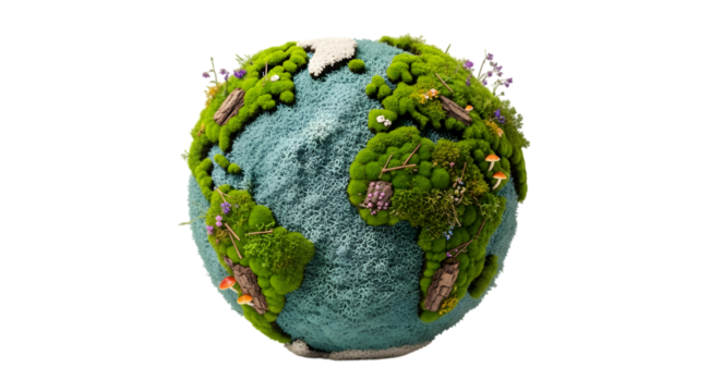 A globe covered in lush green moss and small plants, isolated on transparent background - Powered by Adobe