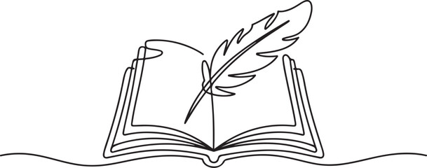 One Line Drawing of Open Book with Feather Quill Banner Frame. one line Icon drawing with white background