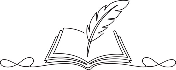 One Line Drawing of Open Book with Feather Quill Banner Frame. one line Icon drawing with white background