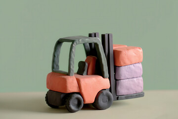 Clay forklift transporting colorful boxes with minimal back, creative handmade model with soft pastel colors and smooth texture
