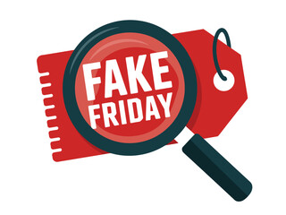 Magnifying glass examines a price tag that reads 'Fake Friday'.