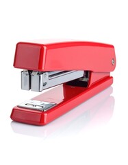 Close-up of a red stapler on a white background