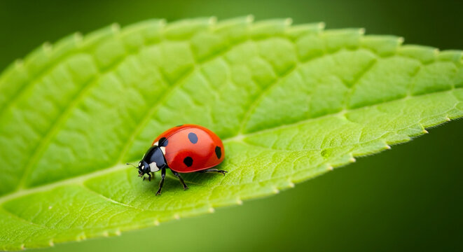 ladybug sitting on a bright green leaf, symbolic healthy ecosystem - Powered by Adobe