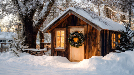 Winter Cabin Covered in Snow with Christmas Wreath, Warm Light Glowing from Windows, Festive Holiday Atmosphere