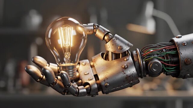 Robot hand holding glowing light bulb, symbol of innovation and technology