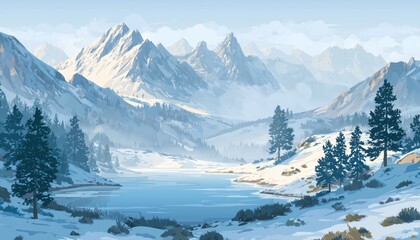 Winter Wonderland: Snow-Covered Mountain Range With Lake, Frozen River, Forest, Pine Trees, And Snow-Capped Peaks. Scenic Outdoor Winter Activities.