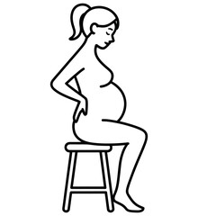 Pregnant woman sits on a stool, cradling her belly with a thoughtful expression.