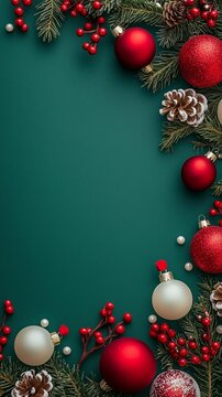 A beautifully Christmas deoration on a rich green bakground, adorned with red nd white baubles on the sies, arranged in a flat lay top view style with plent of space for your holidaytext.