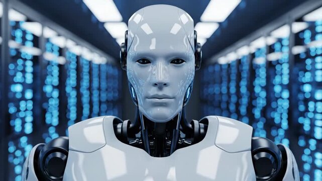 Photorealistic humanoid robot sitting in a futuristic server room with glowing blue lights