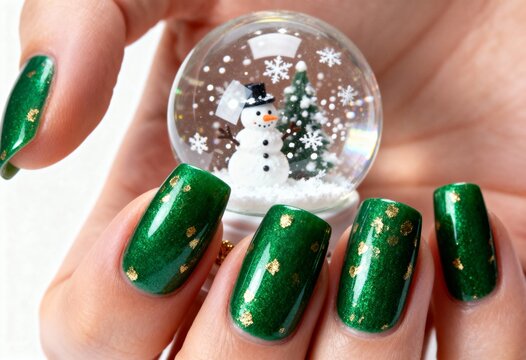 Festive Christmas nail art idea. A woman's hand with a green and gold manicure holds a winter snow globe with a snowman. Holiday beauty concept