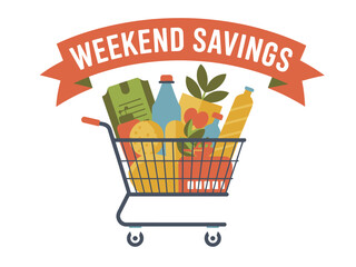 A shopping cart is filled with groceries and a banner reads weekend savings.