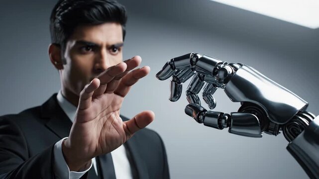 Man and Robot Hand Interaction, Futuristic Technology Concept