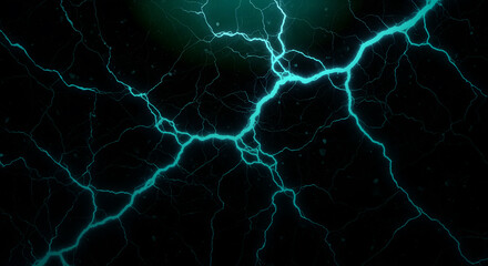 Glowing cyan lightning strikes across dark background energetic plasma discharge abstract concept with electrical storm and dynamic power 171char