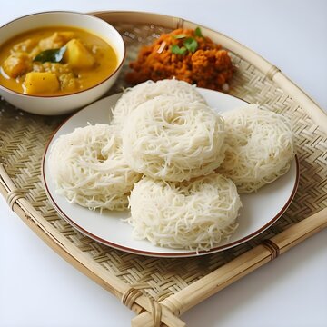 Detailed close-up of freshly steamed Sri Lankan string hoppers with coconut sambol and mild potato curry. Soft natural light enhances the strands, colours, and clean presentation.