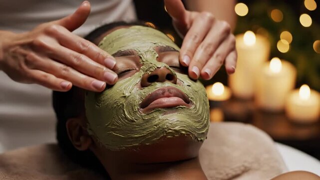 Close-up of Black woman receiving a facial massage with green clay mask, lit by candles and bokeh lights