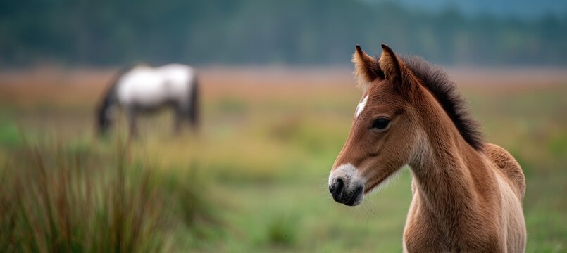 Foal Grazing in Meadow with Depth-of-Field Blur and Pastel Tones