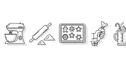 Outline design of baking tools and sweet treats for holiday cooking