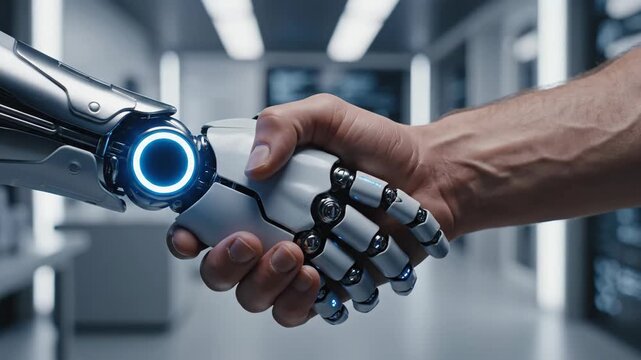 Human and robot shaking hands in a modern, futuristic office setting.