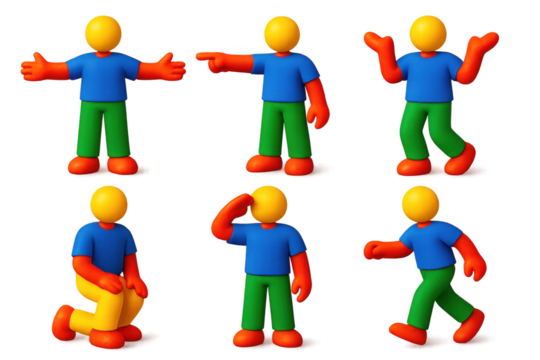 Series of cartoon figures are shown in various poses