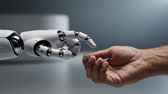 Human hand and robotic arm interaction, AI and humanity cooperation concept