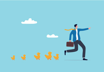 Leadership to lead team to success direction, employees follow manager guidance, domination or motivate staffs concept, confidence businessman leader pointing direction with following duckling.