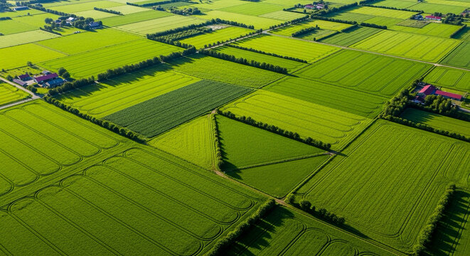 drone aerial view of vibrant healthy farmland, geometric patterns, lush green fields