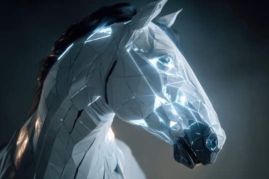 Futuristic Horse-Shaped AI Avatar with Holographic Geometric Panels