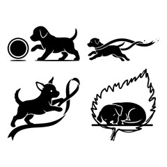 Puppy silhouette compilation of playful dog silhouettes engaged in different actions isolated on