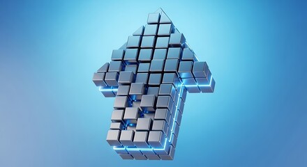 Sleek 3D arrow pointing upwards on a blue gradient background, a symbol of growth and success in business and finance, conveying a sense of progress and achievement