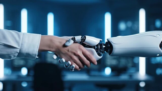 Human hand and robotic arm shaking hands in a futuristic, blue-lit technology office.