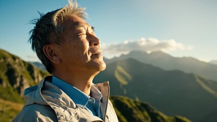 A serene elder man with closed eyes enjoys the fresh mountain air, bathed in the warm sunlight, his face a picture of peace and tranquility against a backdrop of majestic mountain.