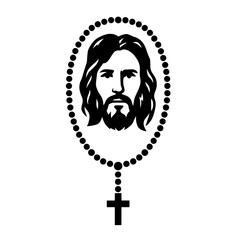 Sacred figure silhouette with rosary in black and white
